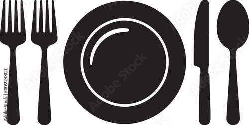 Dinnerware set with two forks plate knife and spoon for formal dining Vector Illustration.