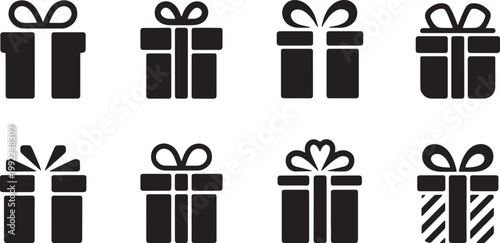 Gift box icons set with various ribbon bow styles and patterns in solid black silhouette on transparent vector design.