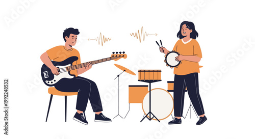 Two musicians playing instruments, a man on bass guitar and a woman on tambourine.