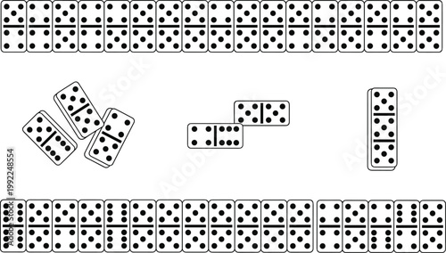 Vector illustration of domino tiles arranged in rows and scattered layout showing classic game pieces with numbered pips