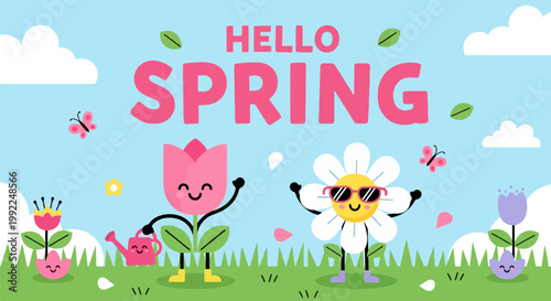 Two cheerful cartoon flowers with faces and limbs, one a pink tulip and the other a white daisy wearing sunglasses, standing on green grass.