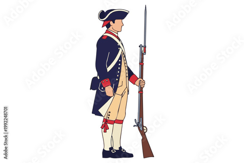 Fotografie Colonial american soldier in blue coat holding a musket