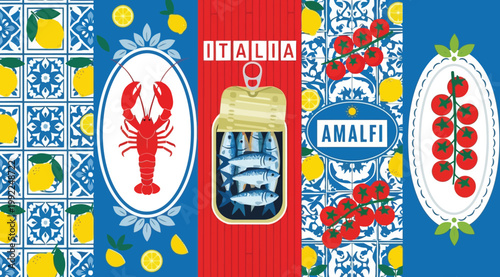 Mediterranean food pattern with amalfi lemons, lobster, sardines and tomatoes