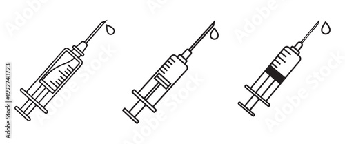 Medical Syringe Icon Set – Vaccination and Healthcare Injection Symbols in Line and Solid Vector Style on Transparent BackgroundWeb