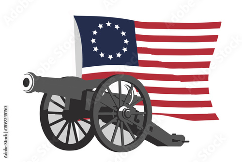 American betsy ross flag waving behind a historic cannon