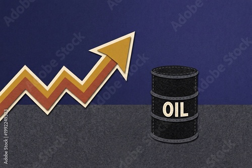 Clean paper-cut style illustration of a black oil barrel and an upward-pointing arrow graph on a blue and grey background. Conceptual art for rising fuel prices, energy inflation, and oil market.