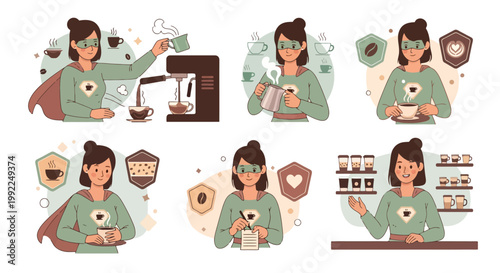 Woman enjoying coffee in various daily routines, showcasing her love for the beverage.