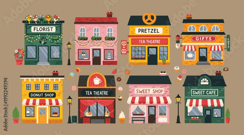 Set of cute cartoon shop buildings and storefronts