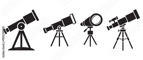 Astronomical Telescope Icon Set – Tripod Space Observation and Stargazing Symbols in Outline, Silhouette and Minimal Line Vector StylesWeb