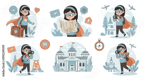 Young girl superhero traveler exploring the world, set of illustrations.