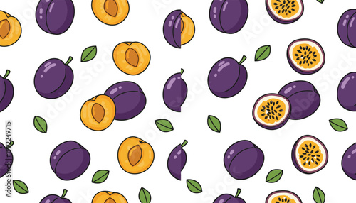 Seamless vector pattern of purple plums and passion fruits with green leaves on white background, colorful tropical fruit illustration