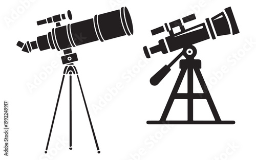 Astronomical Telescope Icon Set – Tripod Space Observation and Stargazing Symbols in Outline, Silhouette and Minimal Line Vector StylesWeb