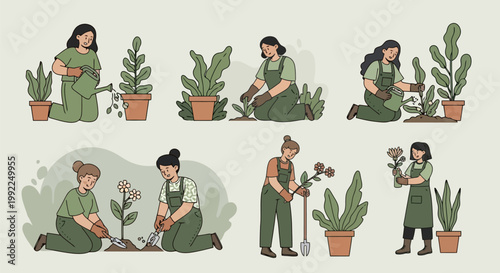 A collection of illustrations depicting people engaged in various gardening activities, tending to plants and flowers.