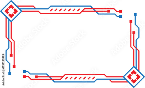 A digital frame with red and blue lines and square-shaped decorations