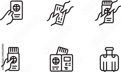 Passport and ticket hand off black line vector icon. Travel ticket icon in flat outline stroke line art