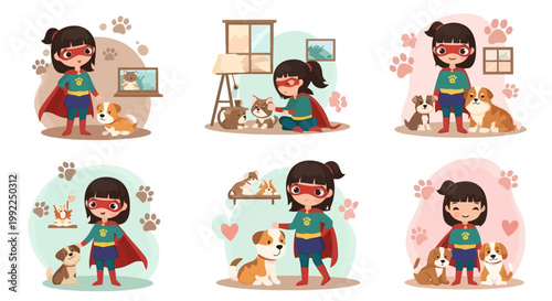 A collection of illustrations featuring a superhero girl caring for various dogs in different settings.