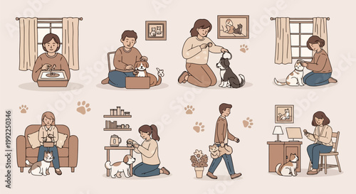 A collection of illustrations depicting people engaging in various activities with their beloved pets, showcasing the bond between humans and animals.