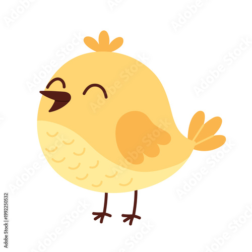 Cute yellow cartoon bird character. Happy colorful songbird isolated on white background. Adorable animal illustration for kids design, nursery decor, stickers and prints. Flat vector. Hand drawn.