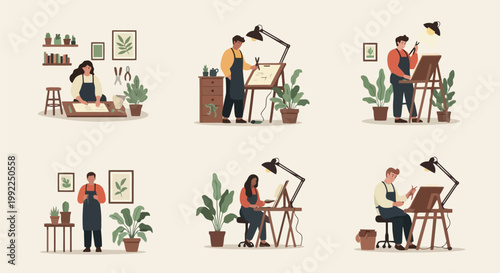 Artists and designers engaged in creative work in various studio settings.