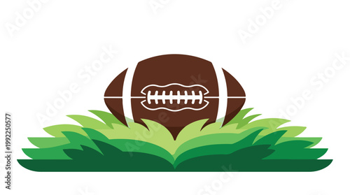 Brown American football with white laces resting on lush green grass blades in vibrant flat vector design