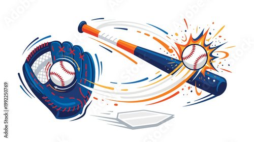 Dynamic baseball action with glove catching ball, bat smashing pitch in explosive impact near home plate illustration