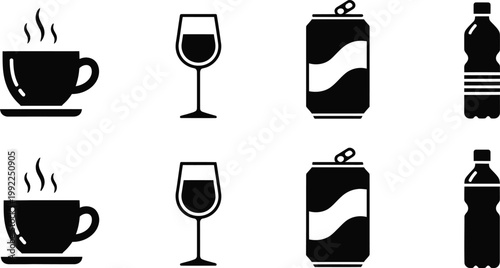 Beverage vector icon set coffee wine soda water minimalist black white graphics for design