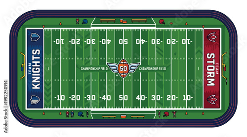 American football field game mat with Knights vs Storm teams, yard lines, end zones, scores and goal posts