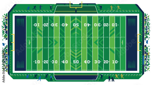 Pixel art American football stadium field with green turf, yard lines, goalposts, and cheering crowd from above