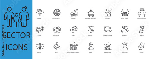 sector  icons set outline and Flat Style,transparent background
