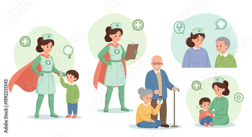 Caring Nurses as Superheroes Helping Children and Elderly Patients.