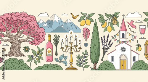 Mediterranean landscape illustration with pink blooming tree, mountains, lemon branch, church, wine bottle, and candelabra