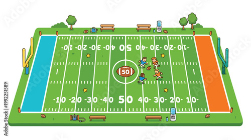 Isometric pixel art view of American football field with players huddling at midfield, green turf, goalposts and benches