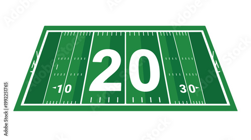 Overhead view of vibrant green American football field with white yard lines and numbered markers 10 20 30