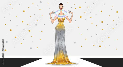 Elegant woman wearing a luminous ring necklace on a catwalk fashion illustration