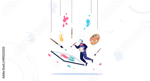 Elevated artist creating masterpieces in weightlessness using brushstrokes and splash artistic