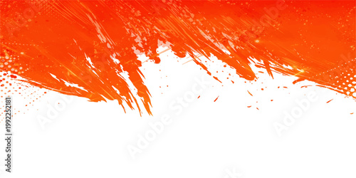 Abstract red ink splat and watercolor paint splashes create a grunge texture design with artistic blood-red splatter patterns on an orange vector illustration background