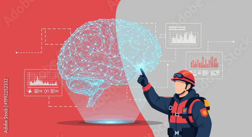 Emergency responder interacts with digital brain interface for disaster insights analytics