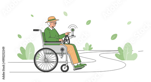 Empowered mobility illustration of senior woman using advanced wheelchair technology