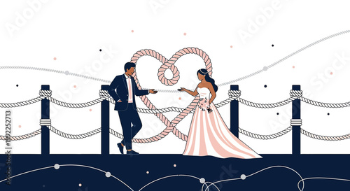 Elegant Couple in Wedding Attire Forming Heart Shape with Rope