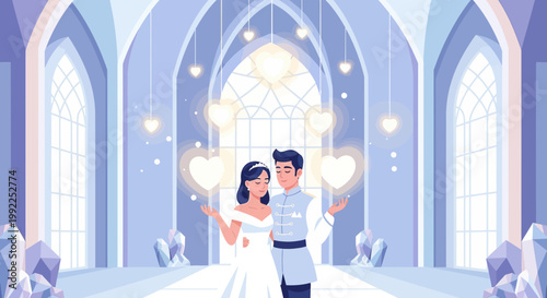 Elegant Couple in Wedding Attire, Romantic Ballroom Hall, Heart Decorations