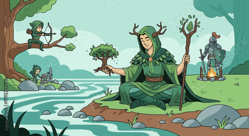 Enchanted realm: Druid meditating amidst mythical beings and serene natural landscape