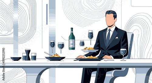 Elegant dining experience a man in a suit enjoying gourmet cuisine with refined table setting