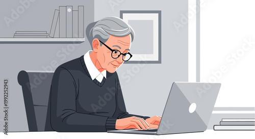 Elegant elderly woman focused on her laptop in a quiet home office setting filled with books