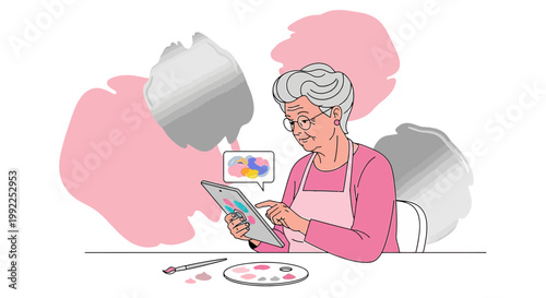 Elegant elder woman explores artistic expression through digital painting tablet application