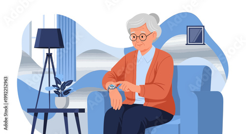 Elegant elderly woman interacts with a smartwatch in comfortable home environment, enhancing