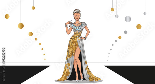 Elegant fashion illustration of a woman in a luxurious gown on a runway with spheres