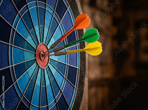 Three colorful darts hit bullseye on a dartboard, symbolizing precision and success.