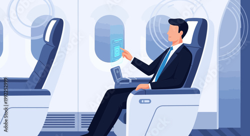 Elegant passenger uses advanced airplane features with intuitive interfaces and smart technology