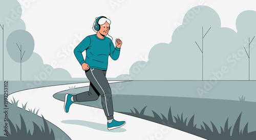Energetic senior lady jogging with headphones on a scenic trail for a healthy lifestyle