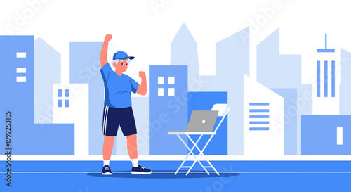 Energetic senior man celebrating fitness success with online training and urban views